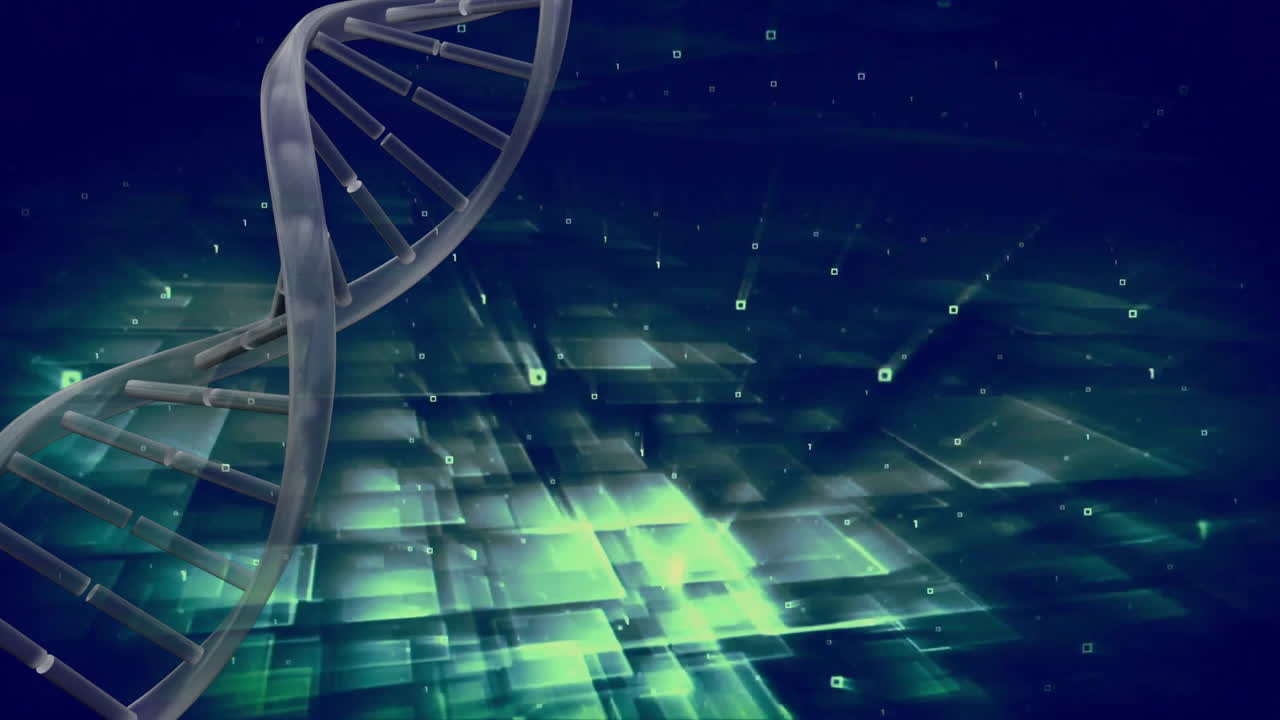 Animating DNA strand and digital data processing over abstract technological background