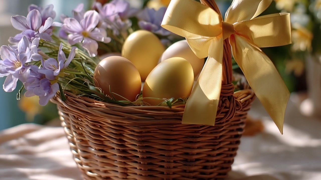 Close-up of Easter Basket with Eggs, Purple Flowers, and Yellow Bow