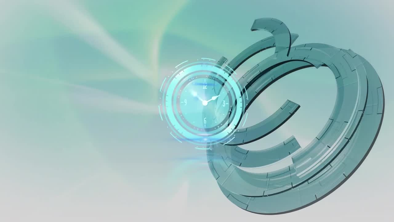 움직이는 회색 원 위에 빠르게 움직이는 시계의 애니메이션