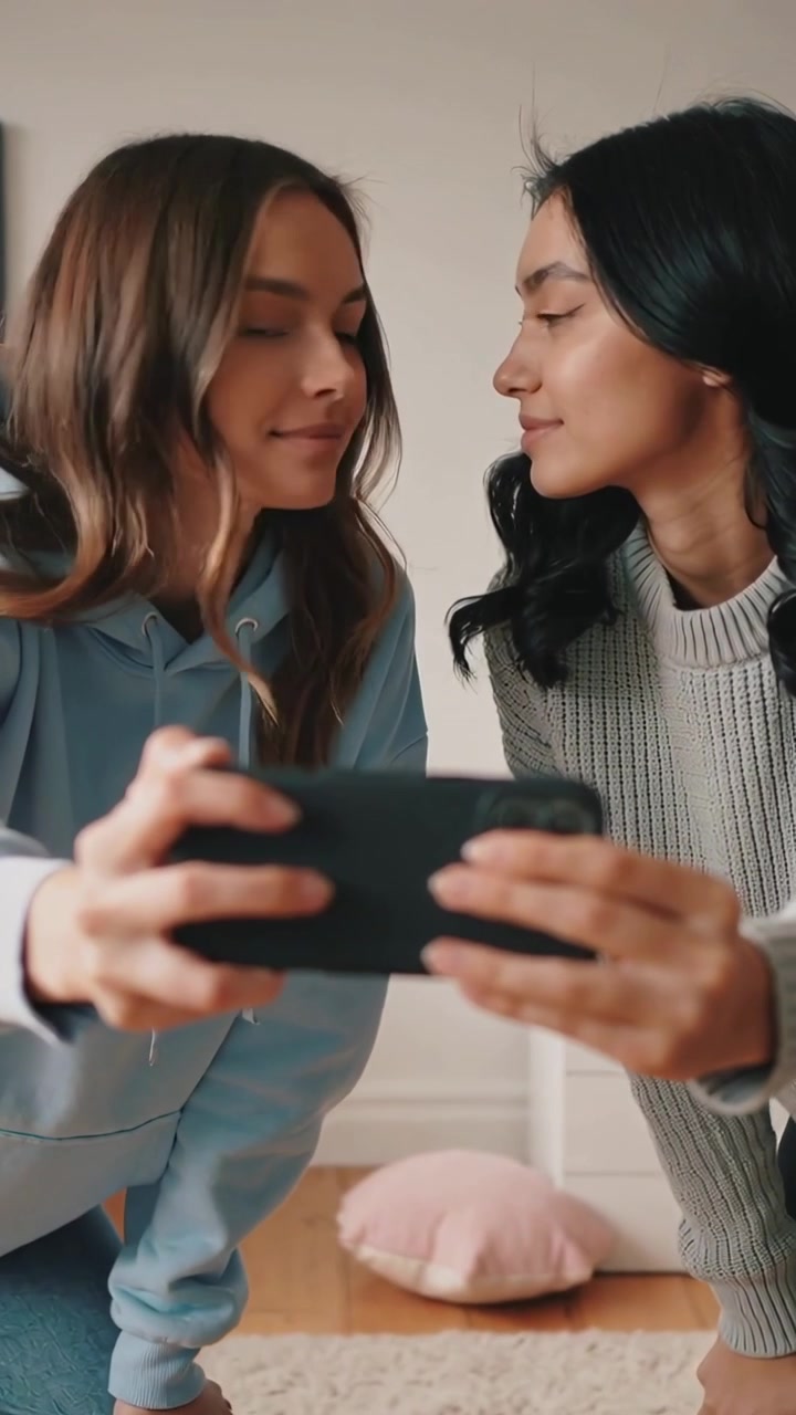 Vertical video: Holding phone flat friends leaning at home checking frame for pic in hoodie sweater