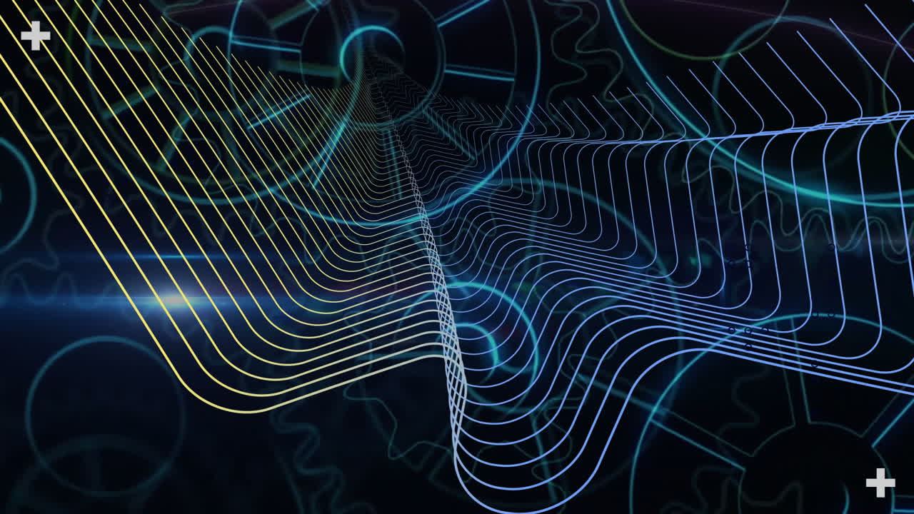Animation of network of connections with spinning cogs on black background