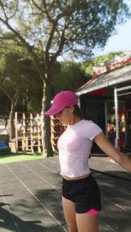 mujer estirándose al aire libre