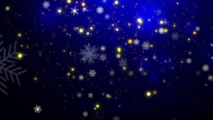 Winter night blue background with falling snow. Christmas and New Year festive design. Blurred bokeh light on dark blue background. Loop motion graphic.