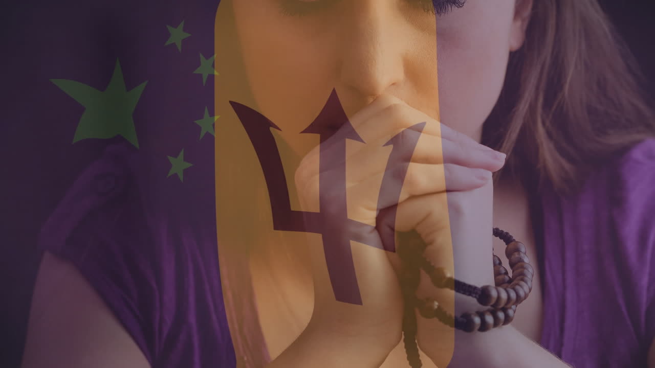 orando con cuentas, mujer sobre bandera animada de barbados