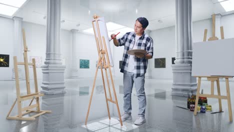 full body of asian male artist smiling to camera while painting on canvas by oil paints and brush in gallery