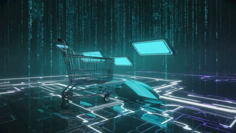 digital e-commerce concept with shopping cart and futuristic elements