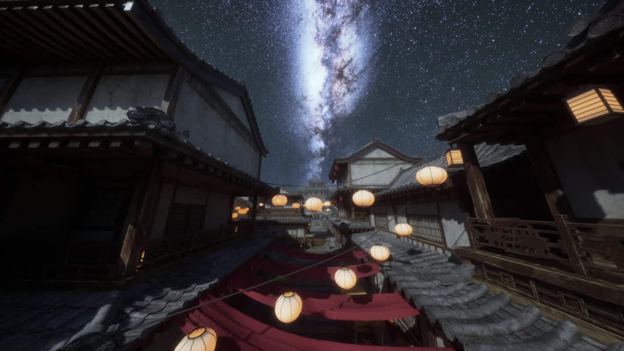 星空の下、提灯に照らされた伝統的な日本の通り。