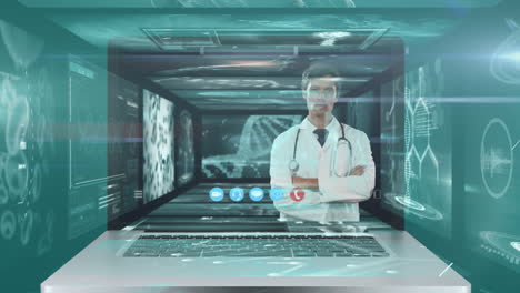 animación de una pantalla de computadora portátil que muestra a un médico masculino durante una videollamada.