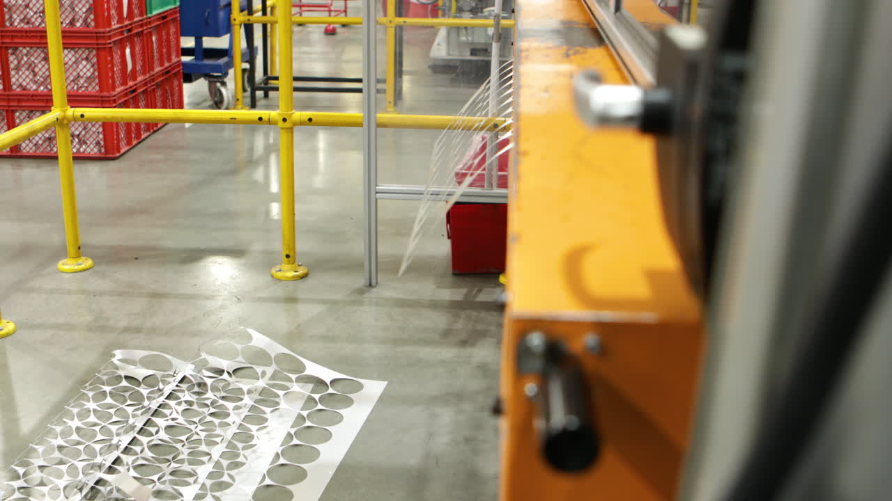 Automated hydraulic press working, close up side view