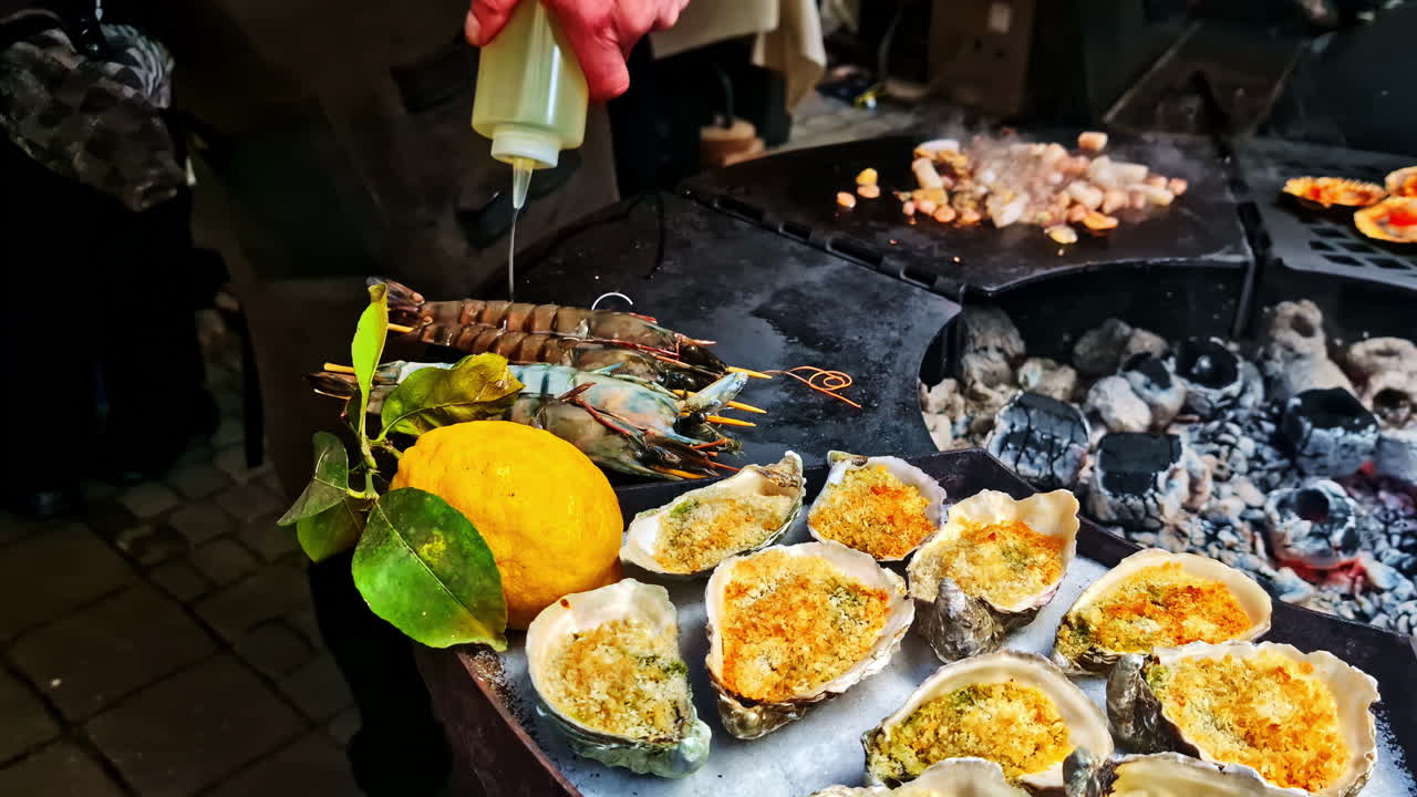Chef Grilling Variety Of Seafoods In The Griller. - closeup shot