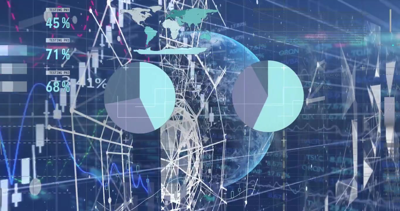 Animation of data processing over globe on blue background