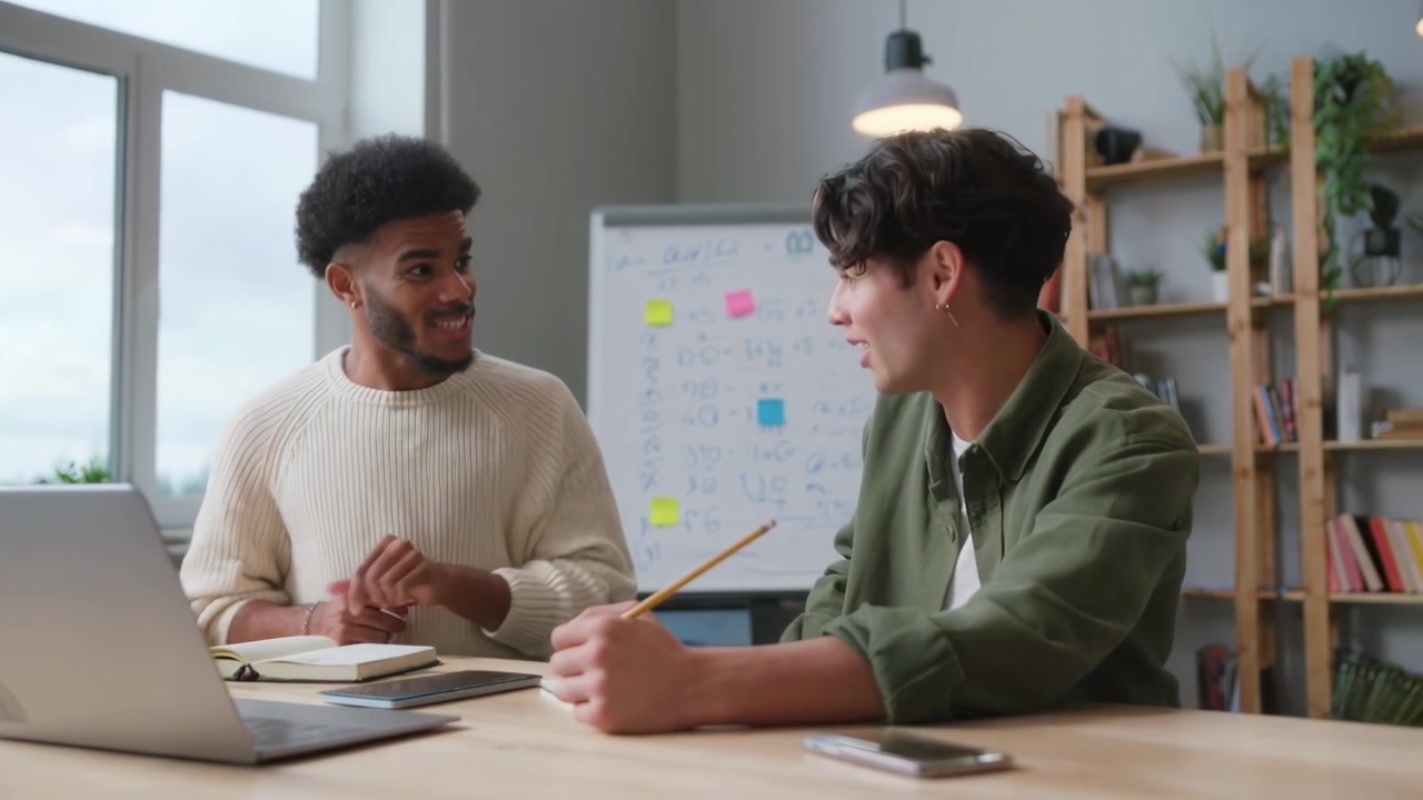 Two Young Men Collaborating on a Project in a Modern Office