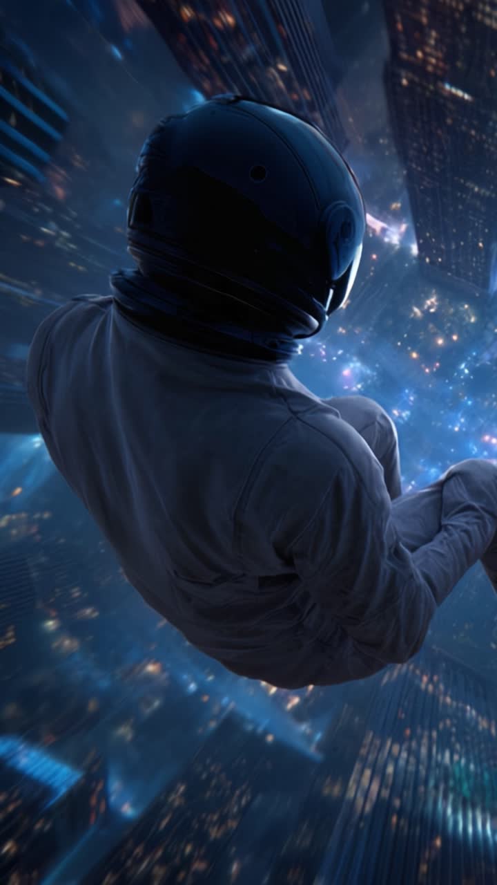 An astronaut suspended in space, gazing down toward a vibrant city illuminated by lights, surrounded by towering buildings and a cosmic atmosphere of wonder