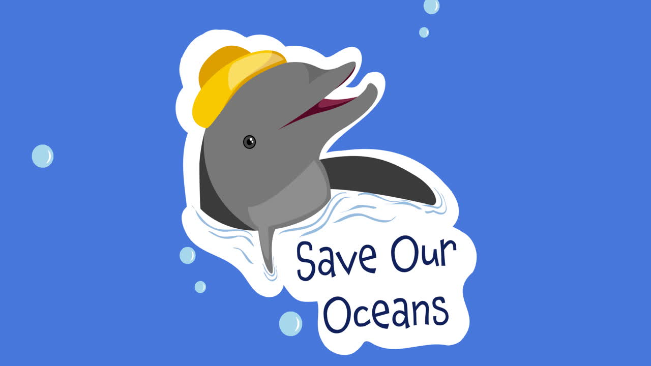 파란색 배경에 있는 save our oceans 텍스트와 돌고래 로고의 애니메이션