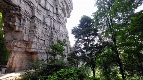 pan left view of rocky archway and surrounding green vegetation in forest landscape