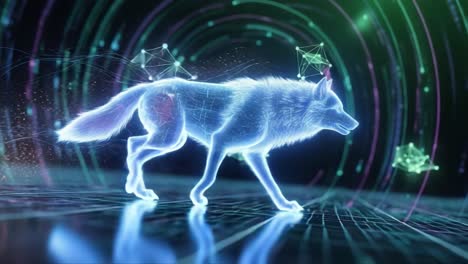 a stunning digital representation of a glowing wolf traversing through a futuristic neon landscape, surrounded by abstract patterns and light trails