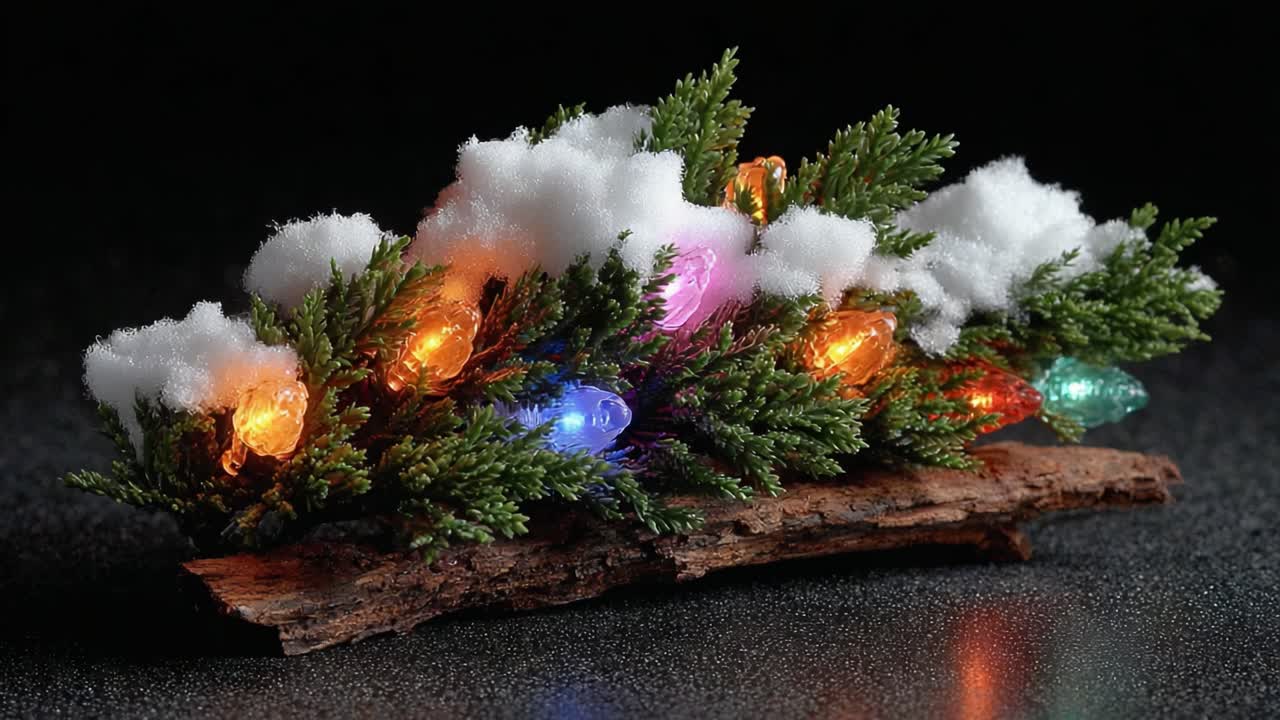 A Festive Display of Colorful Christmas Lights Adorning Greenery and Faux Snow on a Natural Wood Base for Winter Celebrations