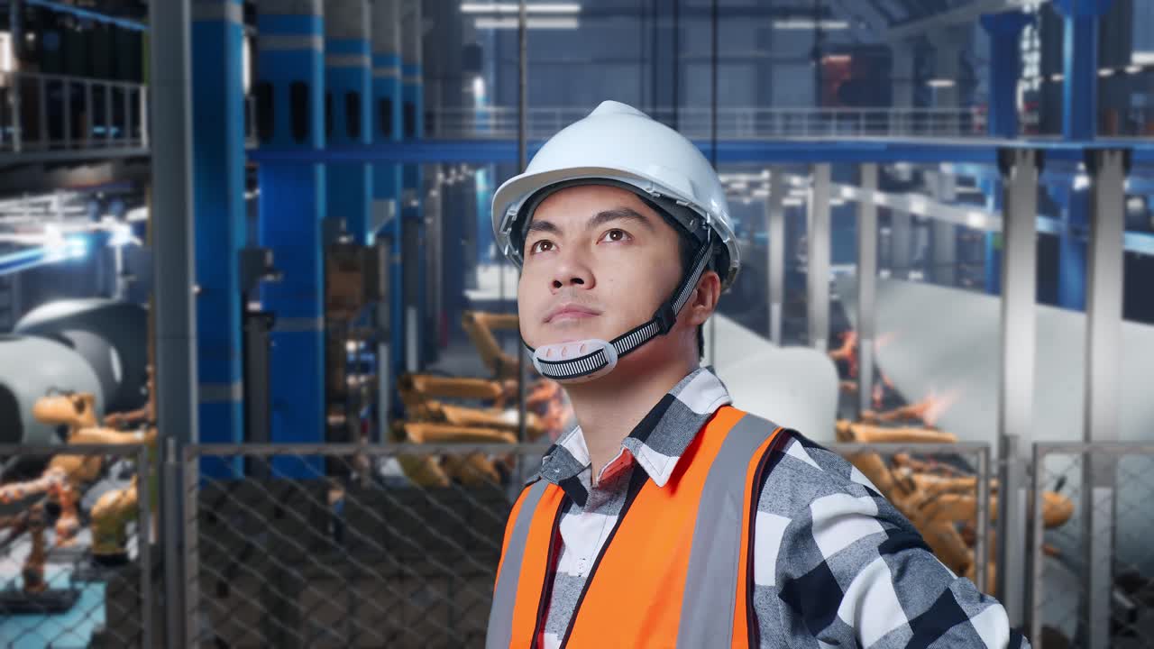 Close Up Side View Of Asian Male Engineer With Safety Helmet In Factory Manufacture of Wind Turbines. Standing With Arms Akimbo Looking Around, Checking
