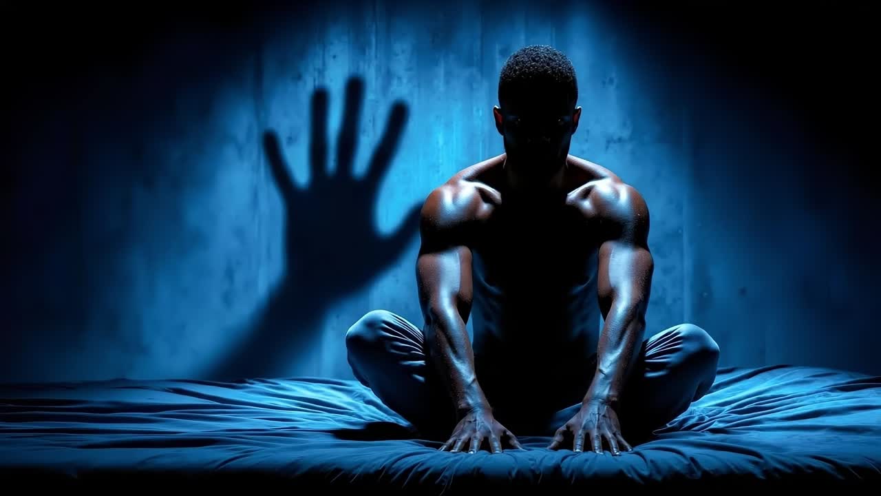A man sitting on a bed with his shadow cast on the wall
