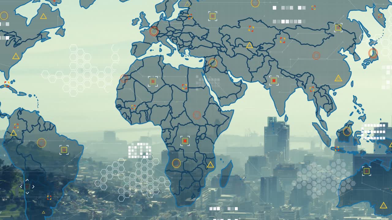 Animation of world map and data processing over cityscape Premium Stock ...