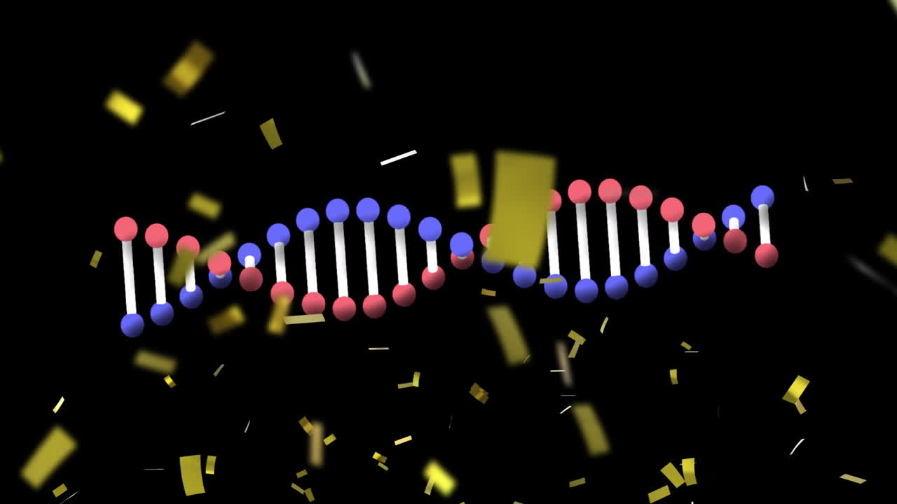 Animation of colorful DNA strand with spheres and golden confetti floating around