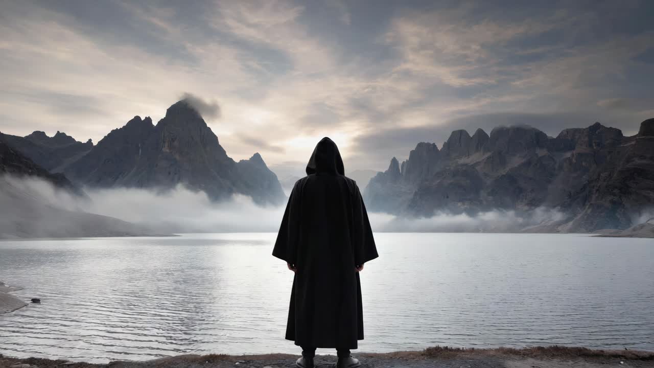 A person in a robe looking at a mountain lake