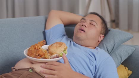 close up of a fat asian man sleeping while having french fries with ketchup eating fast food on a sofa in the living room at home