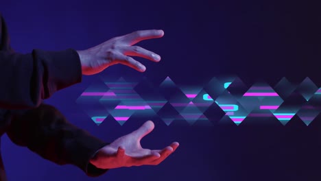 animation of glowing light trails of data transfer over asian man's hands