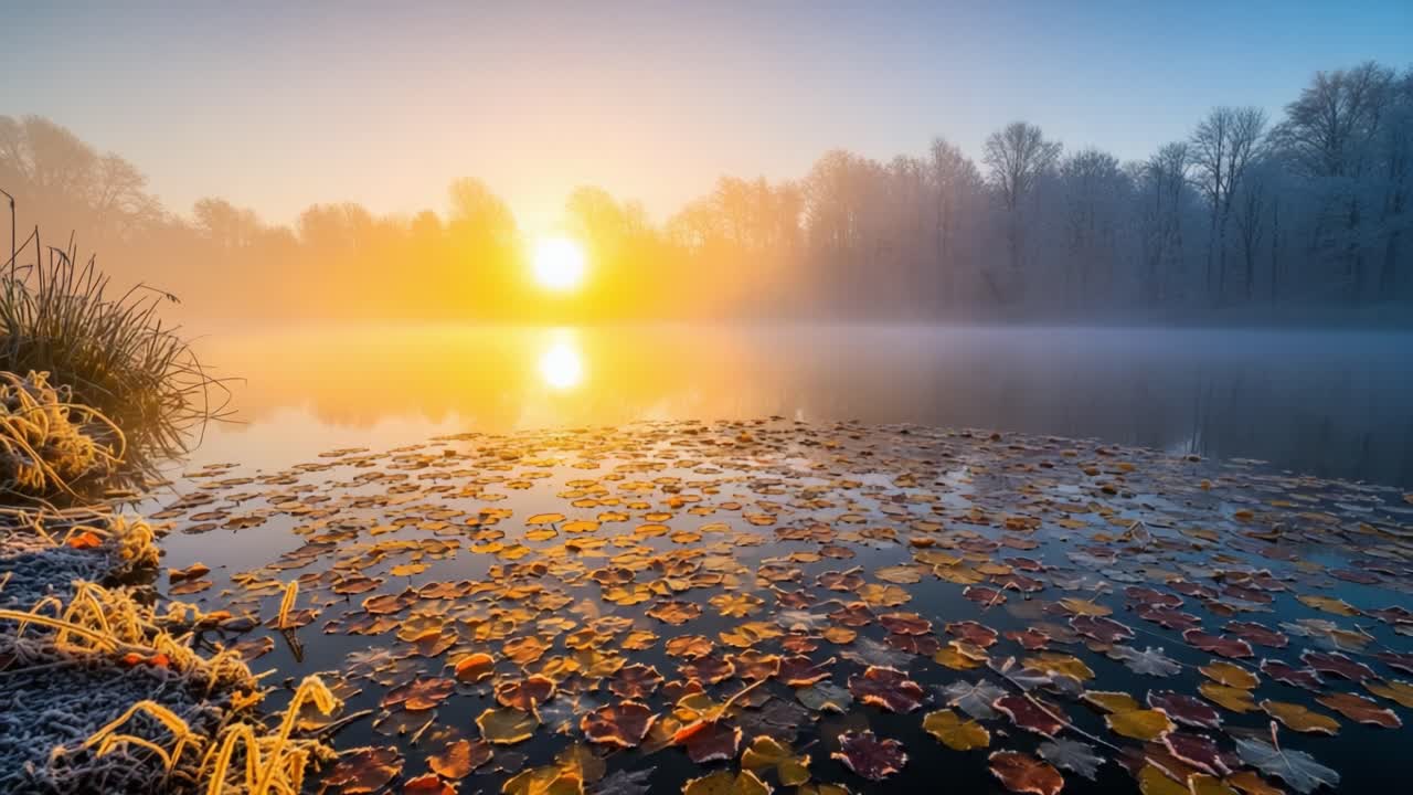 A Stunning Transformation: The Enchanting Beauty of a Frosty Lake at Dawn, Showcasing Vibrant Autumn Leaves and the Gentle Rise of the Sun Through the Mist
