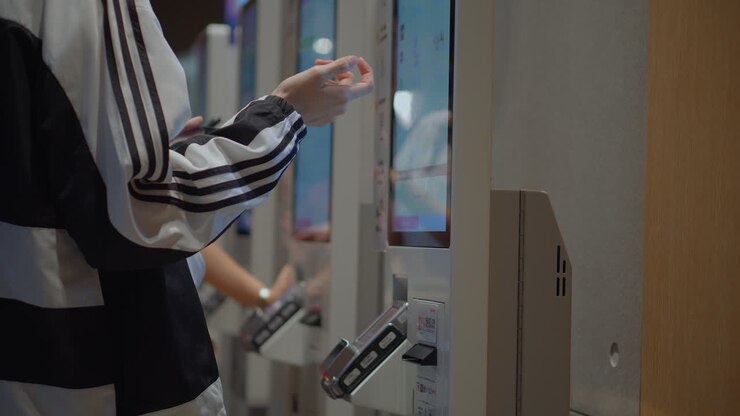 People using self-service kiosks at a store