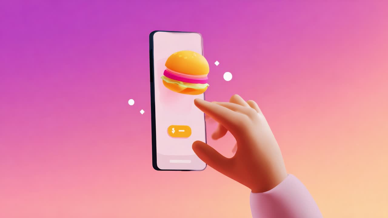 A hand interacting with a smartphone displaying a virtual hamburger, showcasing modern digital food delivery concepts in an artistic gradient background