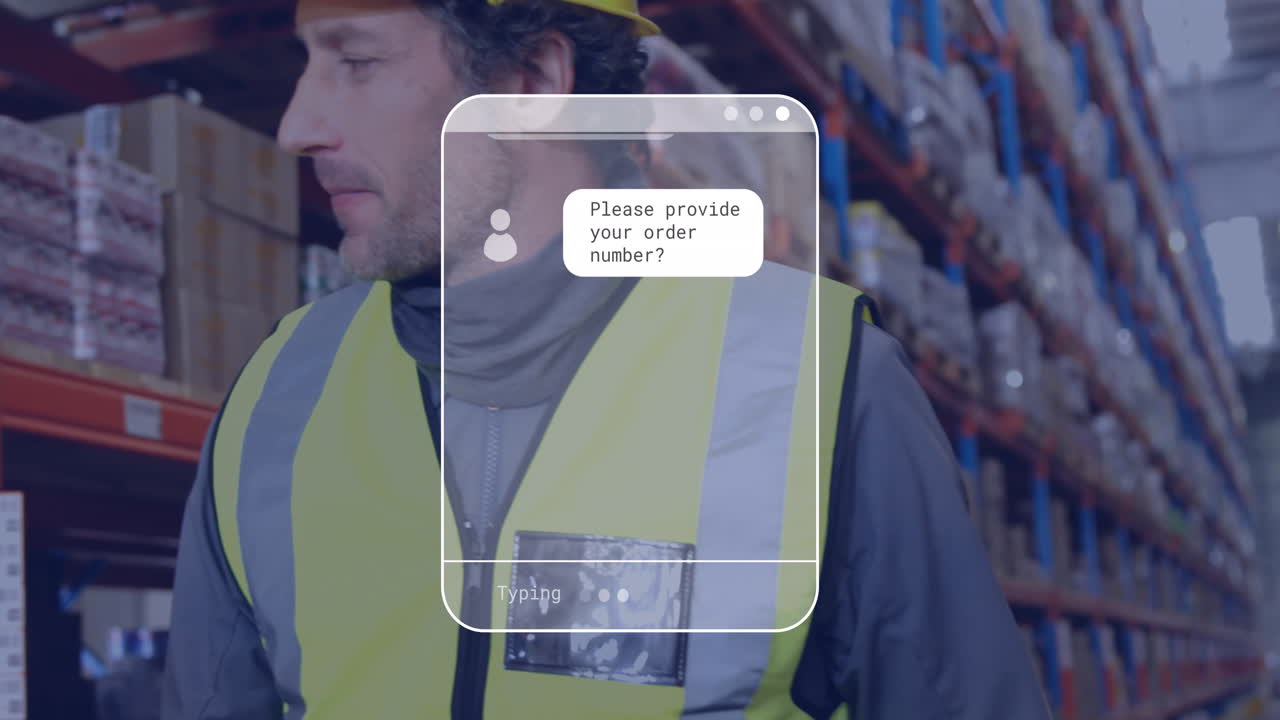 Animation of data processing against happy caucasian male worker walking at warehouse