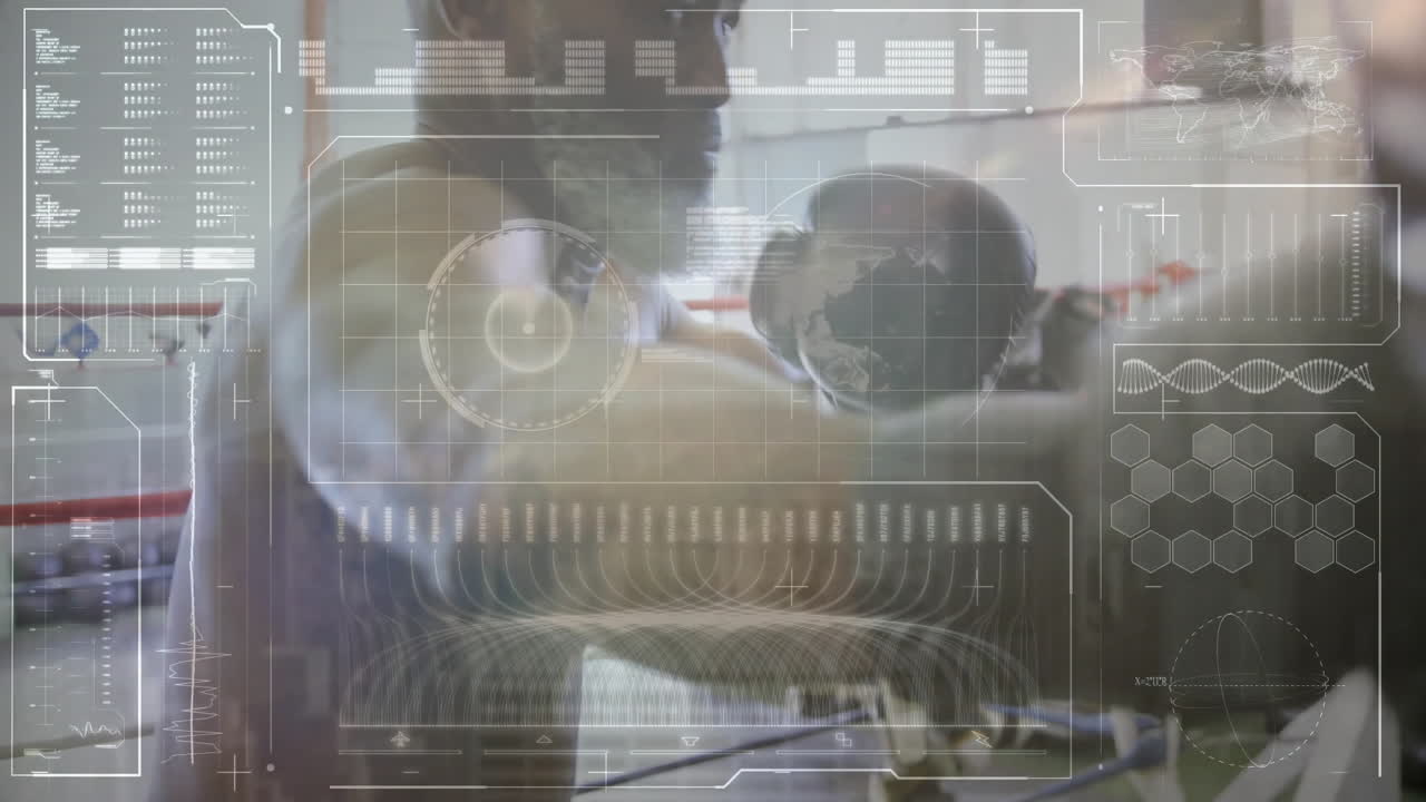 male engineer leaning at workbench in tech lab, with HUD grids and gauges overlaying interface