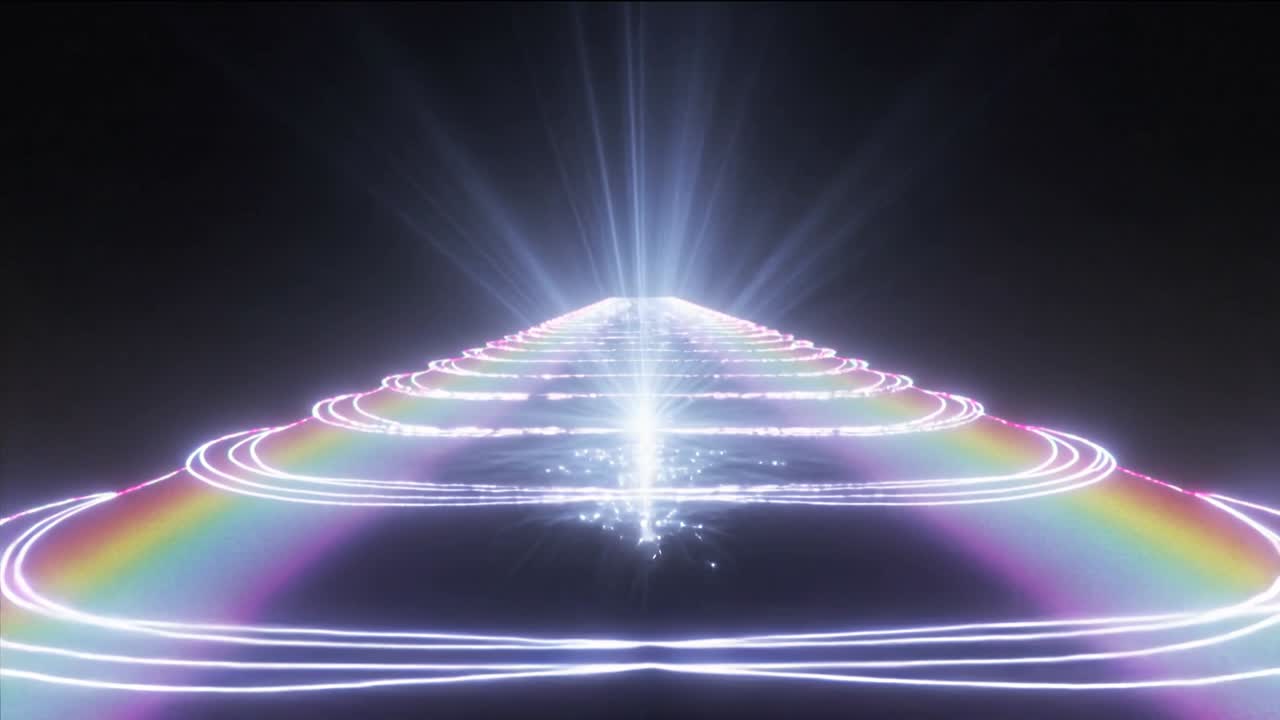 Pulsing stacked neon rings sending white beam upward in void, cascading sparkles forming light path