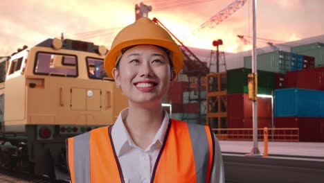 close up of asian female engineer with safety helmet looking around with freight cargo train at port