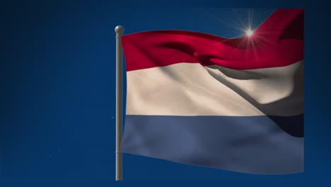 Animation-Der-Wehenden-Flagge-Der-Niederlande-Und-Der-Sonne,-Die-Auf-Dunkelblauem-Hintergrund-Scheint