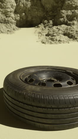 forgotten tire rests on sandy terrain near rocky formation under clear sky