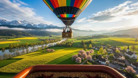 a colorful hot air balloon gliding over serene landscapes with mountains, lush fields, and blooming trees under a clear sky during sunrise