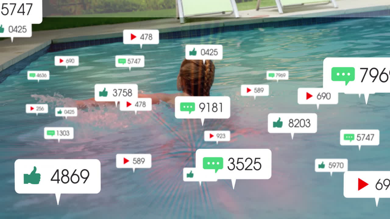 Animation of person swimming in pool with social media notifications appearing