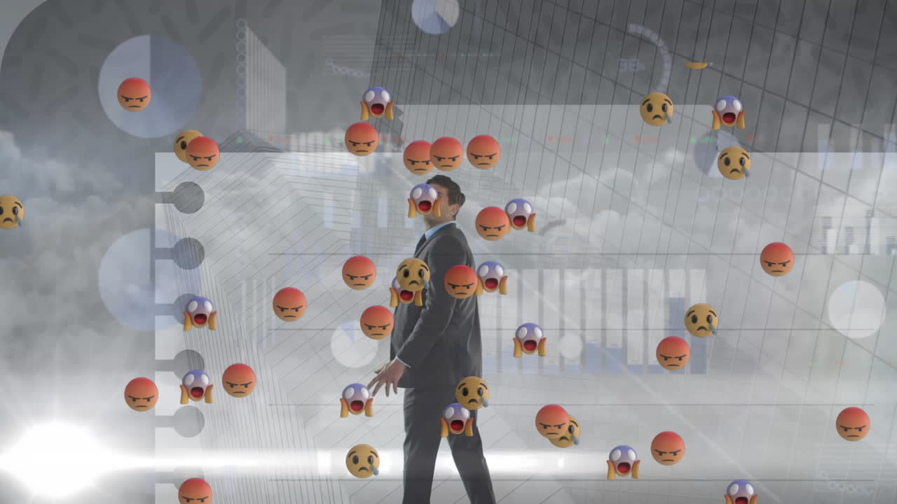 animación de iconos emoji y procesamiento de datos sobre un empresario caucásico