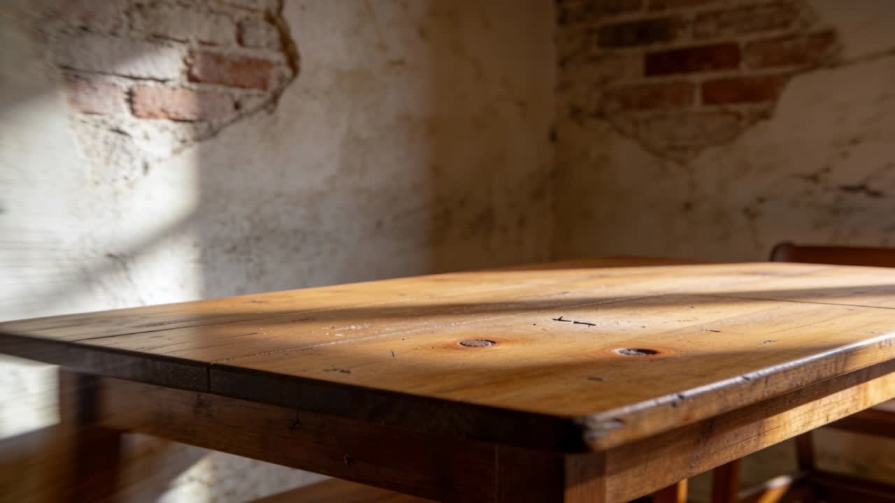 Video verticale: Raggio di sole che si sposta dalla finestra a sinistra attraverso il tavolo di legno e la parete in un loft mentre il sole si muove