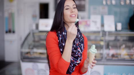 attractive stylish young woman in a delicatessen