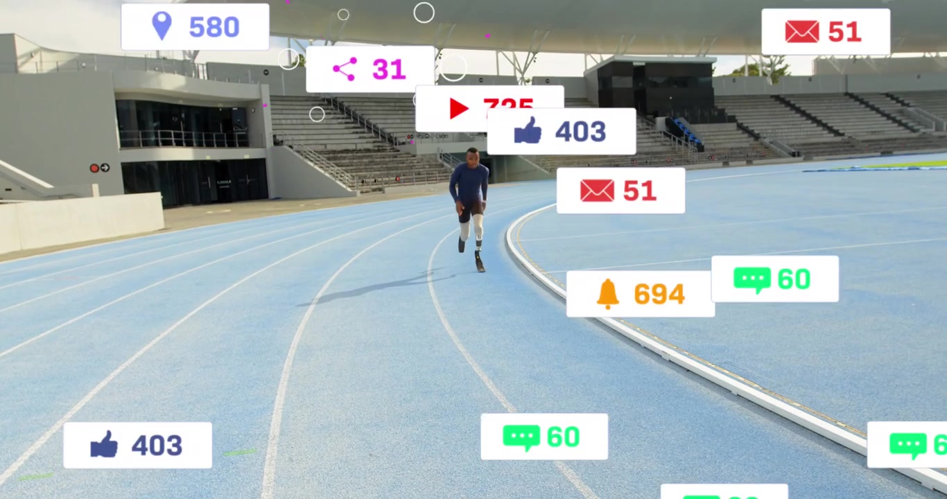 Animation of notification bars over african american handicap runner practicing on race track