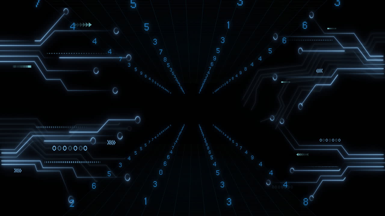 Glowing blue numbers and lines creating futuristic digital circuit animation