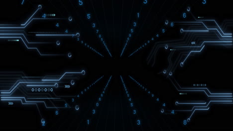 Glowing blue numbers and lines creating futuristic digital circuit animation