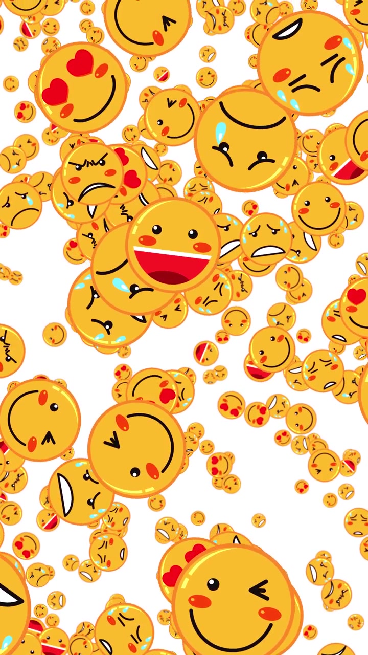 Numerose faccine emoji gialle con espressioni diverse cadono continuamente su uno sfondo bianco semplice.