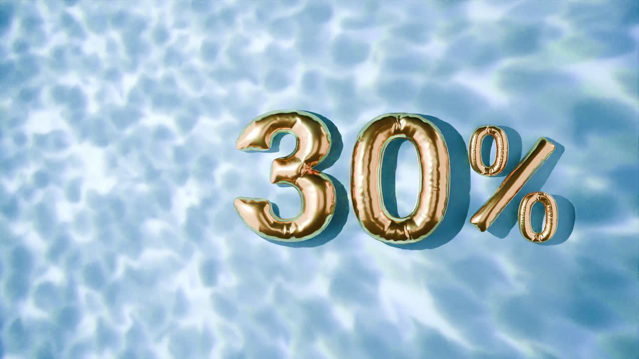 30% dorado flotando por encima de las ondas de agua en fondo azul