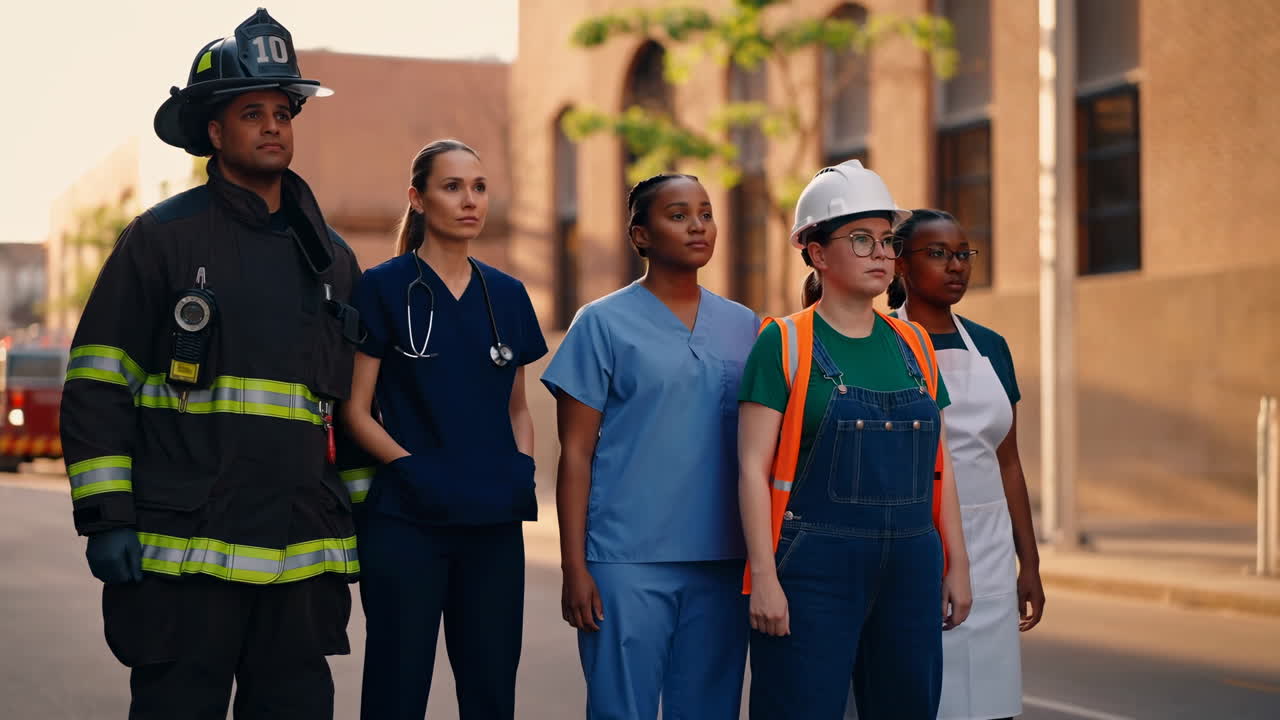 Firefighter And Medical Team Standing Together On Urban Street At Sunset, Construction Worker And Caregiver