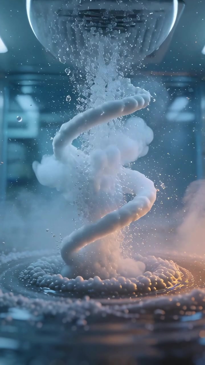 Video verticale: Bolla sferica in espansione che rilascia una spirale di vapore attorcigliata in laboratorio, piscina e sfiato