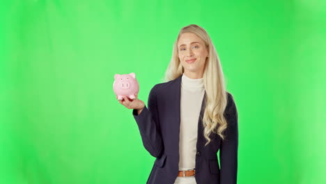 business woman, money and piggy bank on green